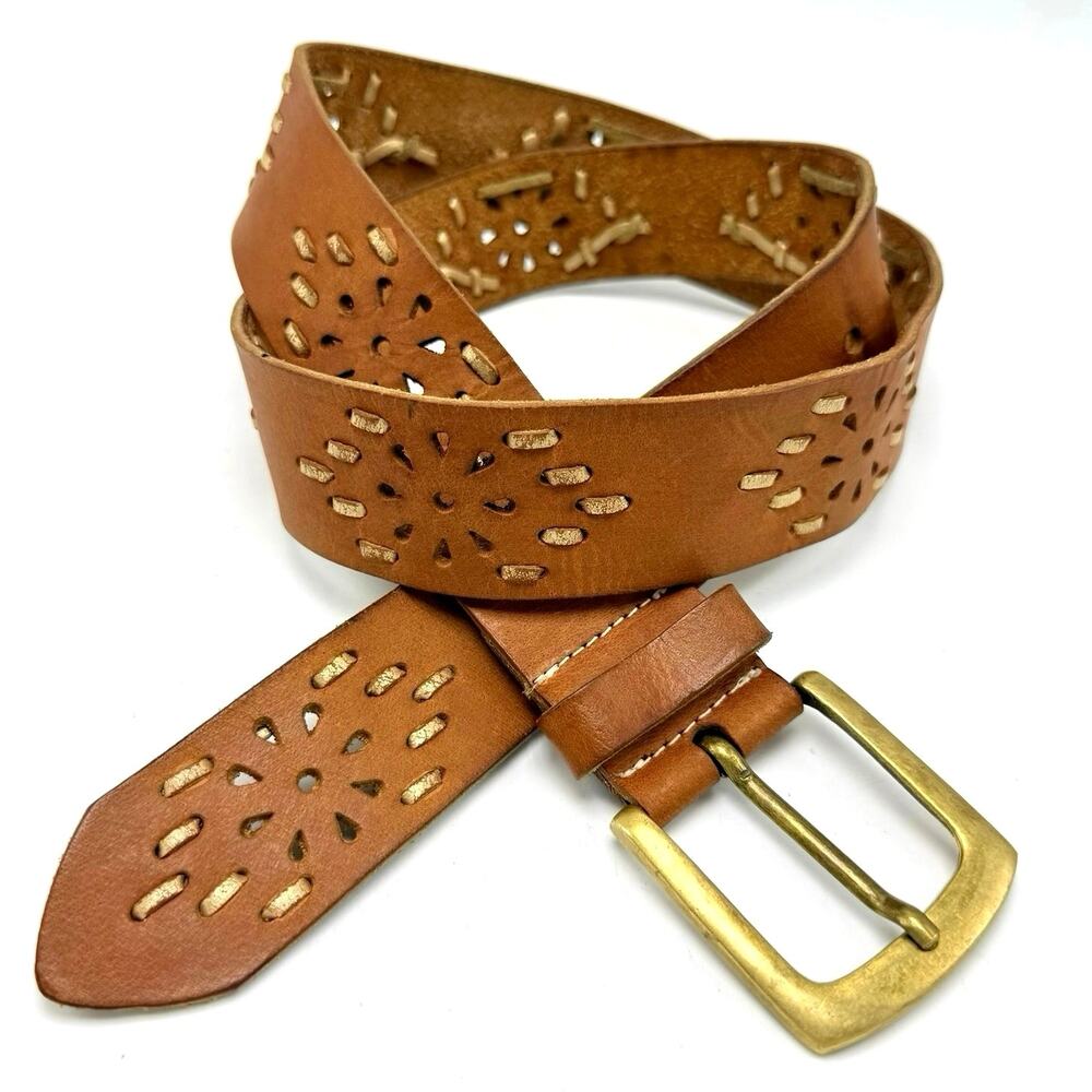 Buckle Boho Hippie Leather Belt XL 36-40 Flower Cut Out Honey Tan Brass Belt Y2K